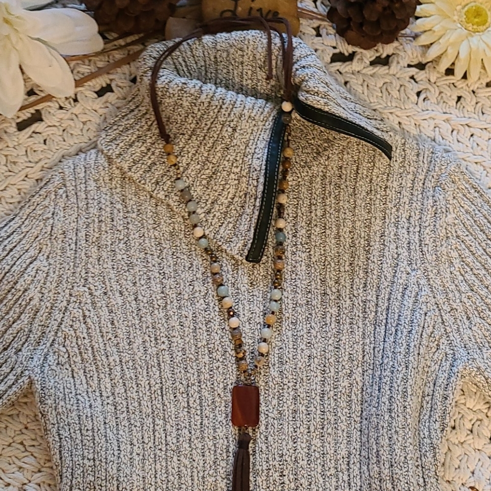SWEATER GRAY BLACK WITH LEATHER TRIM RIBBED SIZE M - Picture 6 of 16